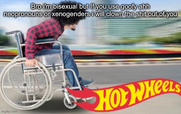 Hot wheels | Bro i'm bisexual but If you use goofy ahh neopronouns or xenogenders i will clown the shit out of you | image tagged in hot wheels | made w/ Imgflip meme maker