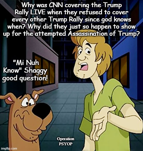 You seen on the TV | Why was CNN covering the Trump Rally LIVE when they refused to cover every other Trump Rally since god knows when? Why did they just so happen to show up for the attempted Assassination of Trump? "Mi Nuh Know" Shaggy good question! Operation PSYOP | image tagged in shaggy explaining,scooby doo,american politics,hoax,false flag,president trump | made w/ Imgflip meme maker