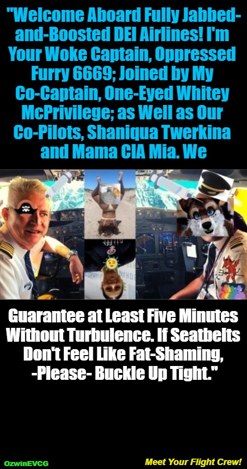 Meet Your Flight Crew! [PSC] | "Welcome Aboard Fully Jabbed-

and-Boosted DEI Airlines! I'm 

Your Woke Captain, Oppressed 

Furry 6669; Joined by My 

Co-Captain, One-Eyed Whitey 

McPrivilege; as Well as Our 

Co-Pilots, Shaniqua Twerkina 

and Mama CIA Mia. We; Guarantee at Least Five Minutes 

Without Turbulence. If Seatbelts 

Don't Feel Like Fat-Shaming, 

-Please- Buckle Up Tight."; Meet Your Flight Crew! OzwinEVCG | image tagged in flying,diversity,jabs and boosters,furries,fat shame,clown world | made w/ Imgflip meme maker