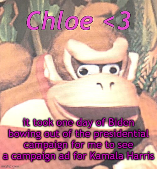 america is shit tbh. anyways, hello chat. hru? | it took one day of Biden bowing out of the presidential campaign for me to see a campaign ad for Kamala Harris | image tagged in chloe announcement temp | made w/ Imgflip meme maker