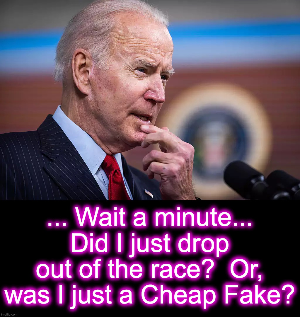 [warning: Don't drop out! satire] | ... Wait a minute... Did I just drop out of the race?  Or, was I just a Cheap Fake? | image tagged in biden,funny memes,drop out,campaign | made w/ Imgflip meme maker