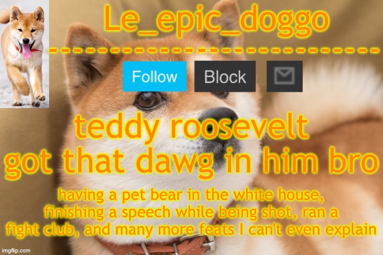death only got him when he was sleeping because he woulda no diffed death | teddy roosevelt got that dawg in him bro; having a pet bear in the white house, finishing a speech while being shot, ran a fight club, and many more feats I can't even explain | image tagged in epic doggo's temp back in old fashion | made w/ Imgflip meme maker