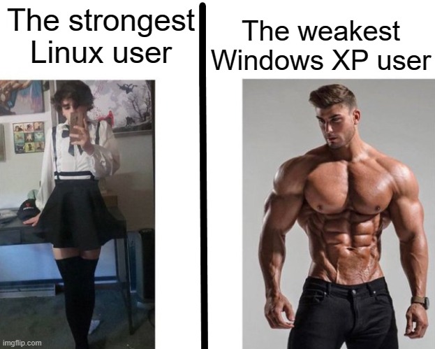 Strongest ___ Fan vs Weakest ___ Enjoyer | The strongest Linux user The weakest Windows XP user | image tagged in strongest ___ fan vs weakest ___ enjoyer | made w/ Imgflip meme maker