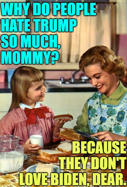 All You Need is Love | WHY DO PEOPLE
HATE TRUMP
SO MUCH,
MOMMY? BECAUSE
THEY DON'T
LOVE BIDEN, DEAR. | image tagged in vintage mom and daughter,donald trump,joe biden,political memes,funny stuff,so true | made w/ Imgflip meme maker