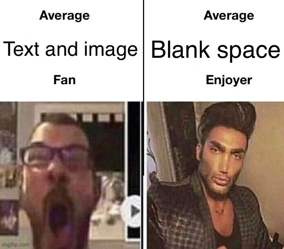 Average Fan vs. Average Enjoyer | Text and image Blank space | image tagged in average fan vs average enjoyer | made w/ Imgflip meme maker