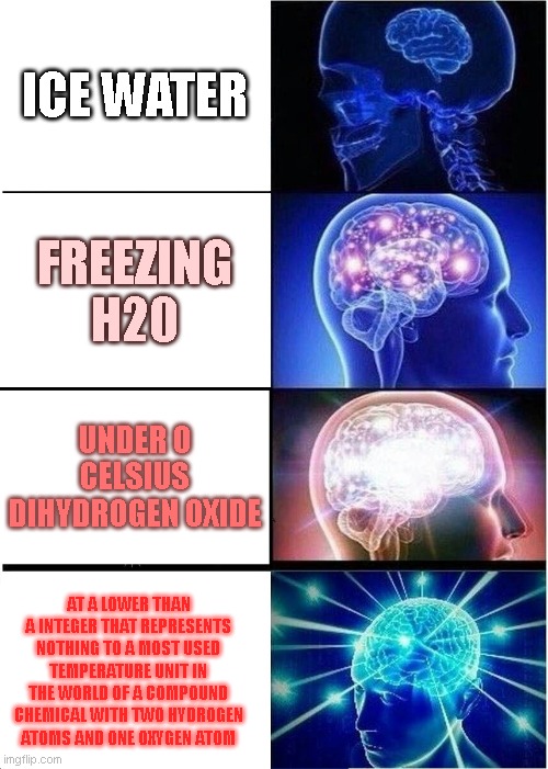 Ice Water...? | ICE WATER; FREEZING H20; UNDER 0 CELSIUS DIHYDROGEN OXIDE; AT A LOWER THAN A INTEGER THAT REPRESENTS NOTHING TO A MOST USED TEMPERATURE UNIT IN THE WORLD OF A COMPOUND CHEMICAL WITH TWO HYDROGEN ATOMS AND ONE OXYGEN ATOM | image tagged in memes,expanding brain | made w/ Imgflip meme maker