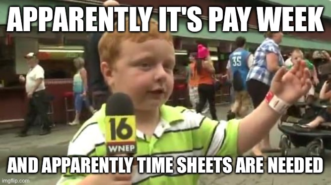 Apparently Kid | APPARENTLY IT'S PAY WEEK; AND APPARENTLY TIME SHEETS ARE NEEDED | image tagged in apparently kid | made w/ Imgflip meme maker