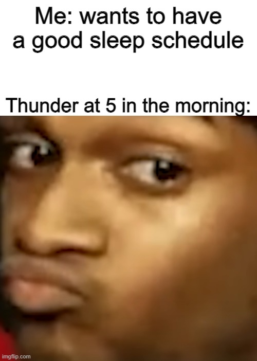 Just happened to me minutes ago :( | Me: wants to have a good sleep schedule; Thunder at 5 in the morning: | image tagged in thunderstorm,thunder,bruh,why,no sleep,i sleep | made w/ Imgflip meme maker