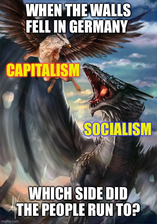 Please learn from history | WHEN THE WALLS FELL IN GERMANY; CAPITALISM; SOCIALISM; WHICH SIDE DID THE PEOPLE RUN TO? | image tagged in revolution gryphon vs capitalist dragon | made w/ Imgflip meme maker