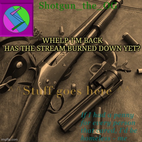 Image title | WHELP, I'M BACK
HAS THE STREAM BURNED DOWN YET? | image tagged in shotguns new template dammit | made w/ Imgflip meme maker