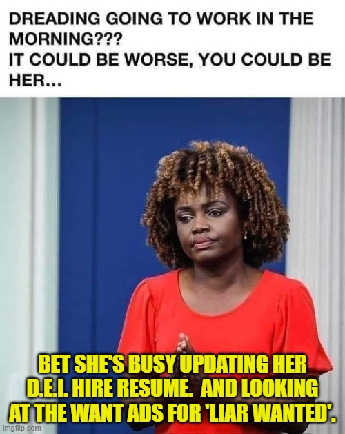 Her job -- which is to lie to the nation -- simultaneously just got harder and easier. | BET SHE'S BUSY UPDATING HER D.E.I. HIRE RESUME.  AND LOOKING AT THE WANT ADS FOR 'LIAR WANTED'. | image tagged in yep | made w/ Imgflip meme maker