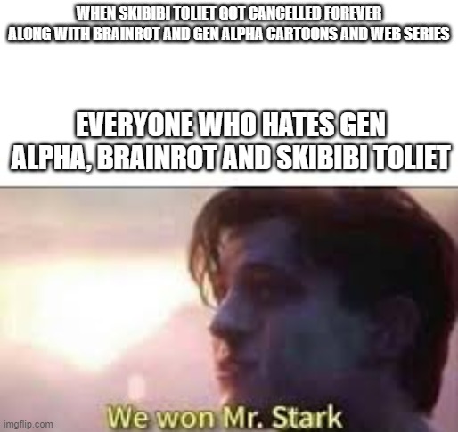 we won mr stark | WHEN SKIBIBI TOLIET GOT CANCELLED FOREVER ALONG WITH BRAINROT AND GEN ALPHA CARTOONS AND WEB SERIES; EVERYONE WHO HATES GEN ALPHA, BRAINROT AND SKIBIBI TOLIET | image tagged in we won mr stark | made w/ Imgflip meme maker