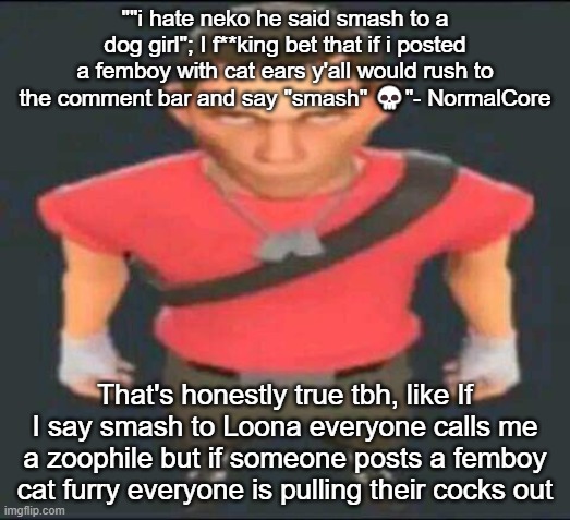 bro | ""i hate neko he said smash to a dog girl"; I f**king bet that if i posted a femboy with cat ears y'all would rush to the comment bar and say "smash" 💀"- NormalCore; That's honestly true tbh, like If I say smash to Loona everyone calls me a zoophile but if someone posts a femboy cat furry everyone is pulling their cocks out | image tagged in bro | made w/ Imgflip meme maker