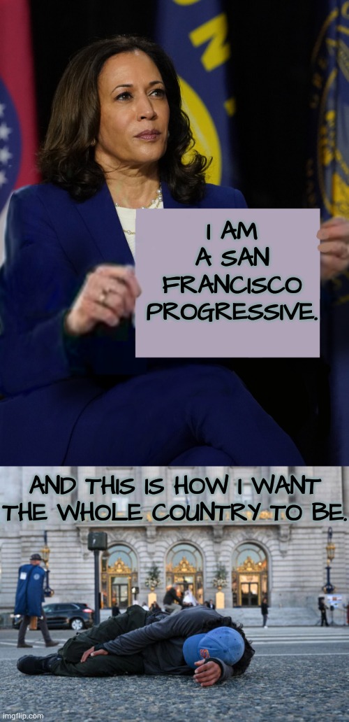 The Kamala Kind Of Democrat | I AM A SAN FRANCISCO PROGRESSIVE. AND THIS IS HOW I WANT THE WHOLE COUNTRY TO BE. | image tagged in kamala harris holding sign,the streets of san francisco,reality can be whatever i want,country,memes,politics | made w/ Imgflip meme maker