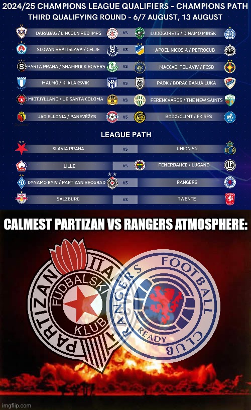 We'll might see Rangers v Partizan on TNT + Sparta v FCSB on PRO TV in the 3rd round... | CALMEST PARTIZAN VS RANGERS ATMOSPHERE: | image tagged in memes,nuclear explosion,champions league,partizan,rangers,football | made w/ Imgflip meme maker