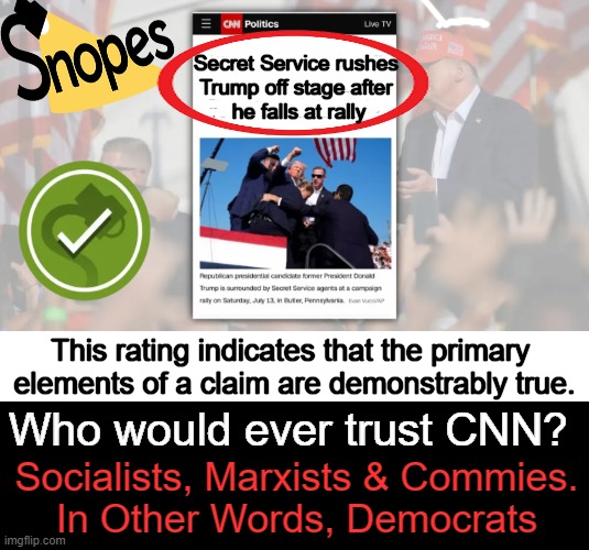 Shameful lies & deception | Secret Service rushes 
Trump off stage after 
he falls at rally; This rating indicates that the primary 
elements of a claim are demonstrably true. Who would ever trust CNN? Socialists, Marxists & Commies.
In Other Words, Democrats | image tagged in politics,cnn,false flag,media lies,snopes,shame | made w/ Imgflip meme maker