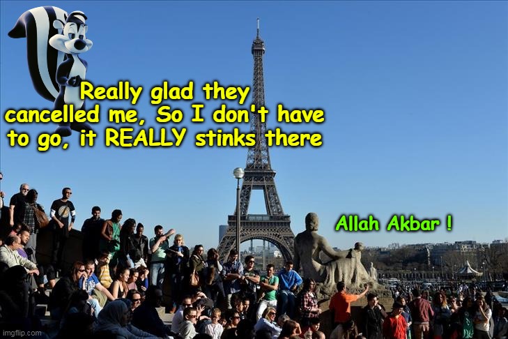 And he's FRENCH ! (and a skunk, they smell ya see) | Really glad they cancelled me, So I don't have to go, it REALLY stinks there; Allah Akbar ! | image tagged in peppe paris olympics meme | made w/ Imgflip meme maker