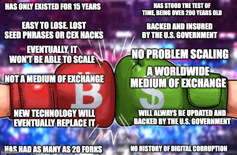 Bitcoin vs The Dollar | HAS ONLY EXISTED FOR 15 YEARS; HAS STOOD THE TEST OF TIME, BEING OVER 200 YEARS OLD; EASY TO LOSE. LOST SEED PHRASES OR CEX HACKS; BACKED AND INSURED BY THE U.S. GOVERNMENT; EVENTUALLY, IT WON'T BE ABLE TO SCALE; NO PROBLEM SCALING; A WORLDWIDE MEDIUM OF EXCHANGE; NOT A MEDIUM OF EXCHANGE; NEW TECHNOLOGY WILL EVENTUALLY REPLACE IT; WILL ALWAYS BE UPDATED AND BACKED BY THE U.S. GOVERNMENT; HAS HAD AS MANY AS 20 FORKS; NO HISTORY OF DIGITAL CORRUPTION | image tagged in bitcoin | made w/ Imgflip meme maker