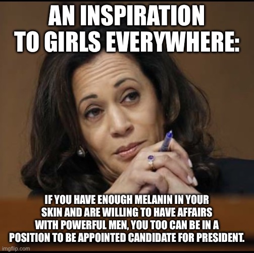 Kamala Harris  | AN INSPIRATION TO GIRLS EVERYWHERE:; IF YOU HAVE ENOUGH MELANIN IN YOUR SKIN AND ARE WILLING TO HAVE AFFAIRS WITH POWERFUL MEN, YOU TOO CAN BE IN A POSITION TO BE APPOINTED CANDIDATE FOR PRESIDENT. | image tagged in kamala harris | made w/ Imgflip meme maker