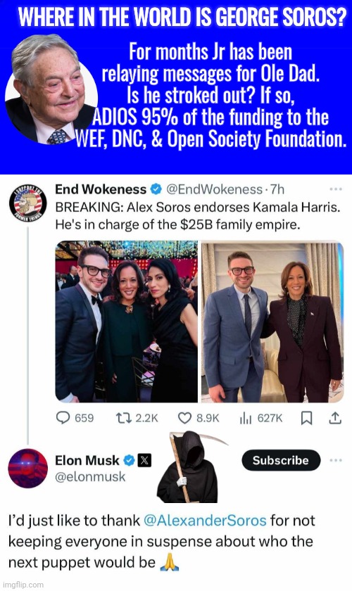 Where in the world is George Soros | WHERE IN THE WORLD IS GEORGE SOROS? For months Jr has been relaying messages for Ole Dad. Is he stroked out? If so, ADIOS 95% of the funding to the WEF, DNC, & Open Society Foundation. | image tagged in blue square,george soros,elon musk | made w/ Imgflip meme maker