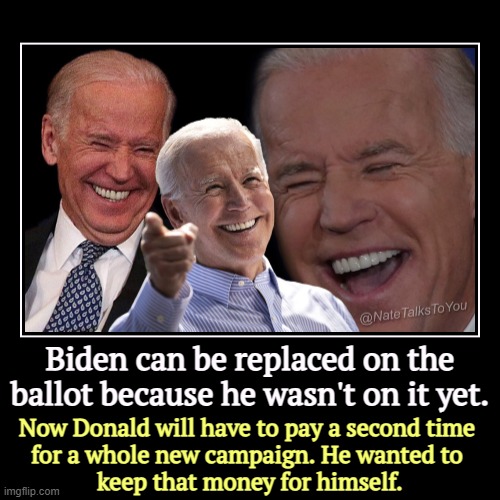 Donald wants a refund from the Democrats for the money he wasted fighting Biden. Always the money-grubber. Not gonna happen. | Biden can be replaced on the ballot because he wasn't on it yet. | Now Donald will have to pay a second time 
for a whole new campaign. He w | image tagged in funny,demotivationals,trump,greedy,biden,gone | made w/ Imgflip demotivational maker