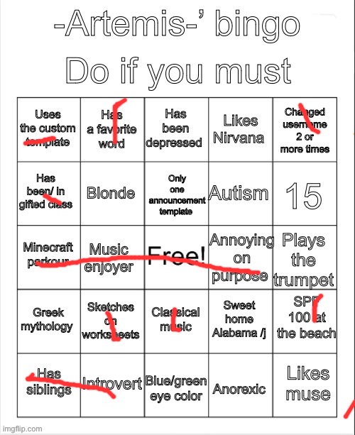 Artemis’ bingo | image tagged in artemis bingo | made w/ Imgflip meme maker