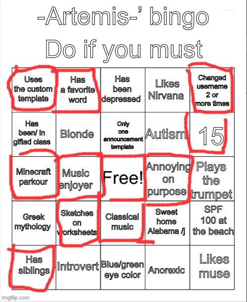 Artemis’ bingo | image tagged in artemis bingo | made w/ Imgflip meme maker