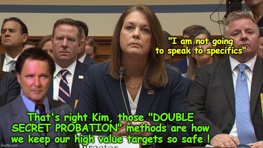 Just imagine if she exposed our "Weaknesses" BEFORE the rally ! | "I am not going to speak to specifics"; That's right Kim, those "DOUBLE SECRET PROBATION" methods are how we keep our high value targets so safe ! | image tagged in cheatle congress secrets meme | made w/ Imgflip meme maker