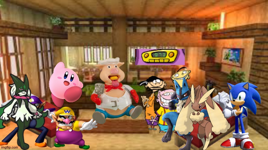 Wario and Friends dies by meteor shower while playing pop the pig in their MC bedroom because of a EAS on the radio | image tagged in minecraft bedroom,wario dies,crossover | made w/ Imgflip meme maker