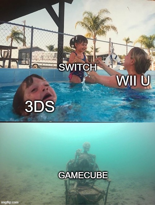 nintendo consoles be like | SWITCH; WII U; 3DS; GAMECUBE | image tagged in mother ignoring kid drowning in a pool | made w/ Imgflip meme maker