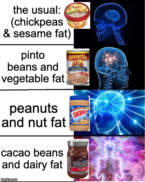 Hummus 2.0: time for an upgrade | the usual:
(chickpeas & sesame fat); pinto beans and vegetable fat; peanuts and nut fat; cacao beans and dairy fat | image tagged in galaxy brain,good,food,upgrade | made w/ Imgflip meme maker