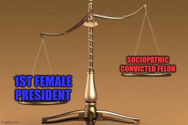 Harris vs Trump | SOCIOPATHIC CONVICTED FELON; 1ST FEMALE PRESIDENT | image tagged in scales | made w/ Imgflip meme maker