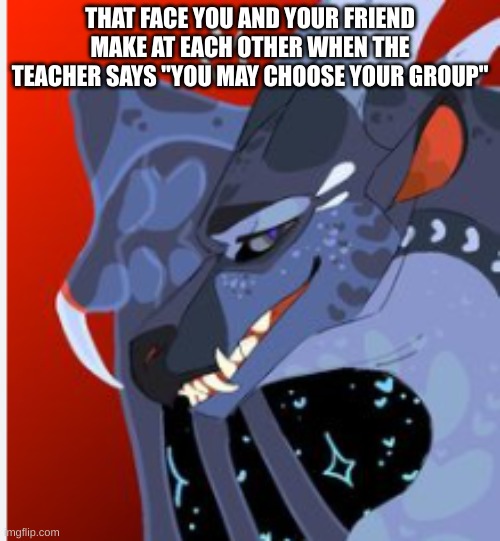 darkstalker (wings of fire) | THAT FACE YOU AND YOUR FRIEND MAKE AT EACH OTHER WHEN THE TEACHER SAYS "YOU MAY CHOOSE YOUR GROUP" | image tagged in darkstalker wings of fire | made w/ Imgflip meme maker