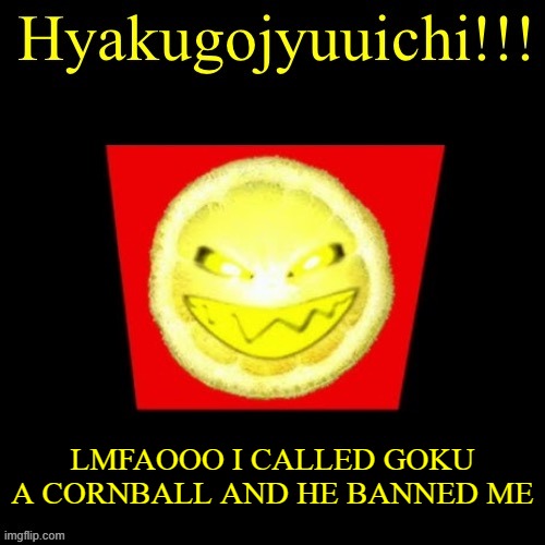 hyaku | LMFAOOO I CALLED GOKU A CORNBALL AND HE BANNED ME | image tagged in hyaku | made w/ Imgflip meme maker
