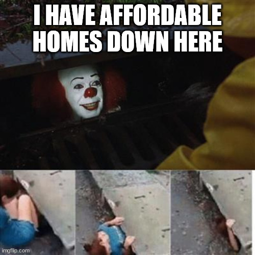 Affordable homes down here | I HAVE AFFORDABLE HOMES DOWN HERE | image tagged in pennywise in sewer | made w/ Imgflip meme maker