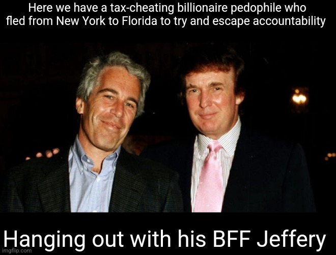 Those kinds of things are considered acceptable in red states | Here we have a tax-cheating billionaire pedophile who fled from New York to Florida to try and escape accountability; Hanging out with his BFF Jeffery | image tagged in trump epstein,scumbag republicans,terrorists,trailer trash,epstein | made w/ Imgflip meme maker