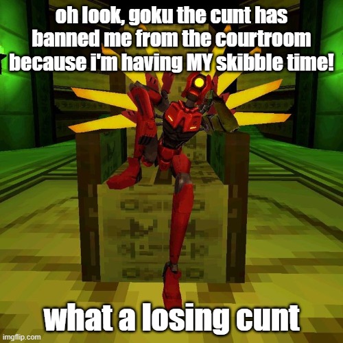 im gonna have to deal with the final sitday (tuesday) before summer so ima be a skibble rn | oh look, goku the cunt has banned me from the courtroom because i'm having MY skibble time! what a losing cunt | image tagged in v2 pose | made w/ Imgflip meme maker