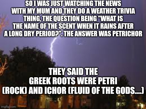 Why did they say it like that??? My mom and I burst out laughing | SO I WAS JUST WATCHING THE NEWS WITH MY MUM AND THEY DO A WEATHER TRIVIA THING, THE QUESTION BEING "WHAT IS THE NAME OF THE SCENT WHEN IT RAINS AFTER A LONG DRY PERIOD?". THE ANSWER WAS PETRICHOR; THEY SAID THE GREEK ROOTS WERE PETRI (ROCK) AND ICHOR (FLUID OF THE GODS....) | image tagged in why | made w/ Imgflip meme maker