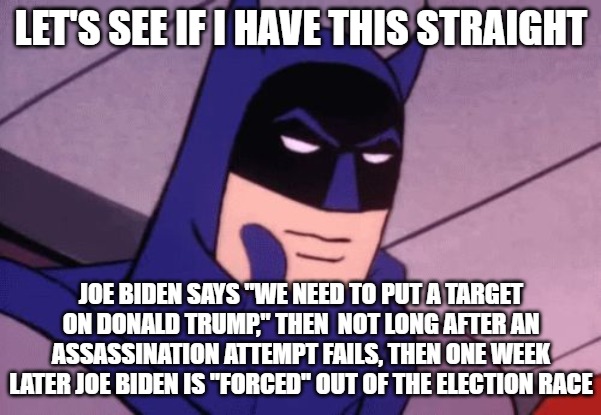 I'm not pointing fingers, but something smells fishy and it isn't just Kamala Harris' poon. | LET'S SEE IF I HAVE THIS STRAIGHT; JOE BIDEN SAYS "WE NEED TO PUT A TARGET ON DONALD TRUMP," THEN  NOT LONG AFTER AN ASSASSINATION ATTEMPT FAILS, THEN ONE WEEK LATER JOE BIDEN IS "FORCED" OUT OF THE ELECTION RACE | image tagged in batman pondering | made w/ Imgflip meme maker