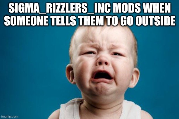 crybaby | SIGMA_RIZZLERS_INC MODS WHEN SOMEONE TELLS THEM TO GO OUTSIDE | image tagged in crybaby | made w/ Imgflip meme maker