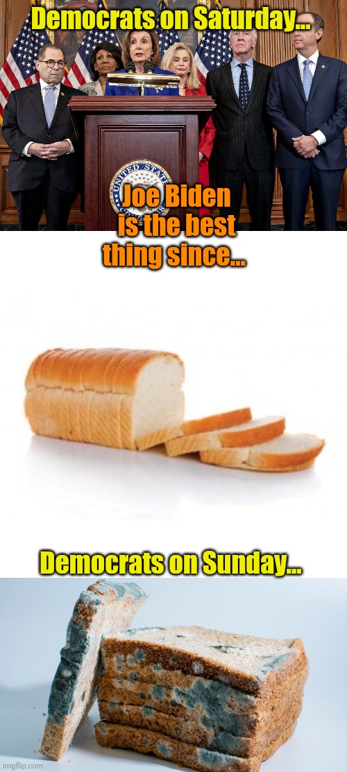 Bread... And Circuses. | Democrats on Saturday... Joe Biden is the best thing since... Democrats on Sunday... | image tagged in democrat congressmen,sliced bread,moldy bread | made w/ Imgflip meme maker