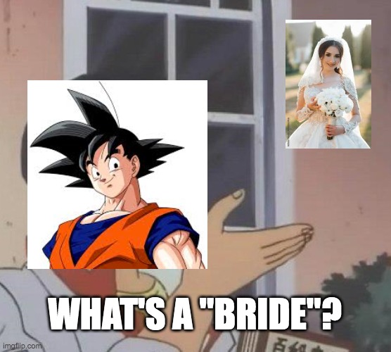 Goku Doesn't Know What A Bride Is | WHAT'S A "BRIDE"? | image tagged in memes,is this a pigeon | made w/ Imgflip meme maker