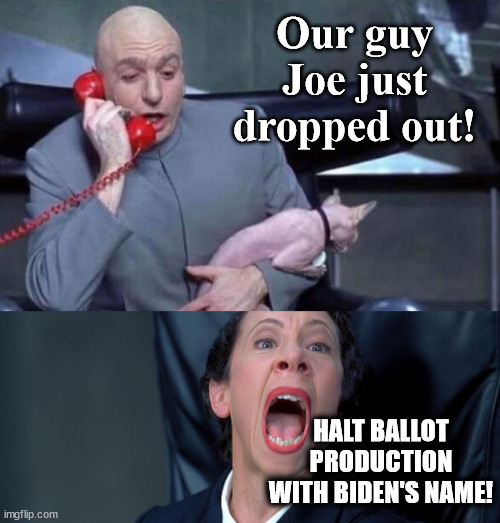 Hold the Presses!!! | Our guy Joe just dropped out! HALT BALLOT PRODUCTION WITH BIDEN'S NAME! | image tagged in dr evil and frau,biden,ballots | made w/ Imgflip meme maker