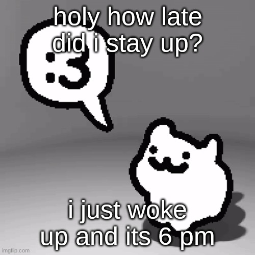 :3 cat | holy how late did i stay up? i just woke up and its 6 pm | image tagged in 3 cat | made w/ Imgflip meme maker