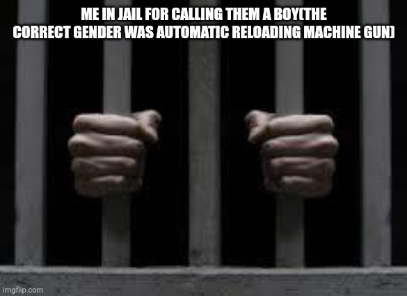 Jail | ME IN JAIL FOR CALLING THEM A BOY(THE CORRECT GENDER WAS AUTOMATIC RELOADING MACHINE GUN) | image tagged in jail | made w/ Imgflip meme maker