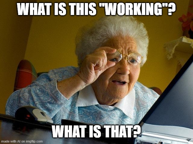 (Mod note: work is beyond cursed | WHAT IS THIS "WORKING"? WHAT IS THAT? | image tagged in memes,grandma finds the internet | made w/ Imgflip meme maker