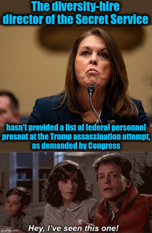 Just like January 6 | The diversity-hire director of the Secret Service; hasn't provided a list of federal personnel
present at the Trump assassination attempt,
as demanded by Congress | image tagged in hey i've seen this one,memes,kimberly cheatle,secret service,trump assassination attempt,congress | made w/ Imgflip meme maker