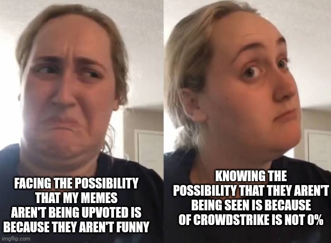 So there's that. | KNOWING THE POSSIBILITY THAT THEY AREN'T BEING SEEN IS BECAUSE OF CROWDSTRIKE IS NOT 0%; FACING THE POSSIBILITY THAT MY MEMES AREN'T BEING UPVOTED IS BECAUSE THEY AREN'T FUNNY | image tagged in gross unless | made w/ Imgflip meme maker