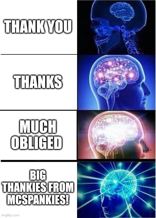 Expanding Brain Meme | THANK YOU; THANKS; MUCH OBLIGED; BIG THANKIES FROM MCSPANKIES! | image tagged in memes,expanding brain | made w/ Imgflip meme maker