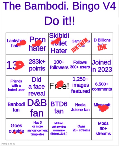 maybe I should make a  bingo one day | IDK THEM; IDK | image tagged in banbodi bingo v4 | made w/ Imgflip meme maker